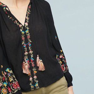 Anthro Maeve Black Embroidered Peasant Blouse